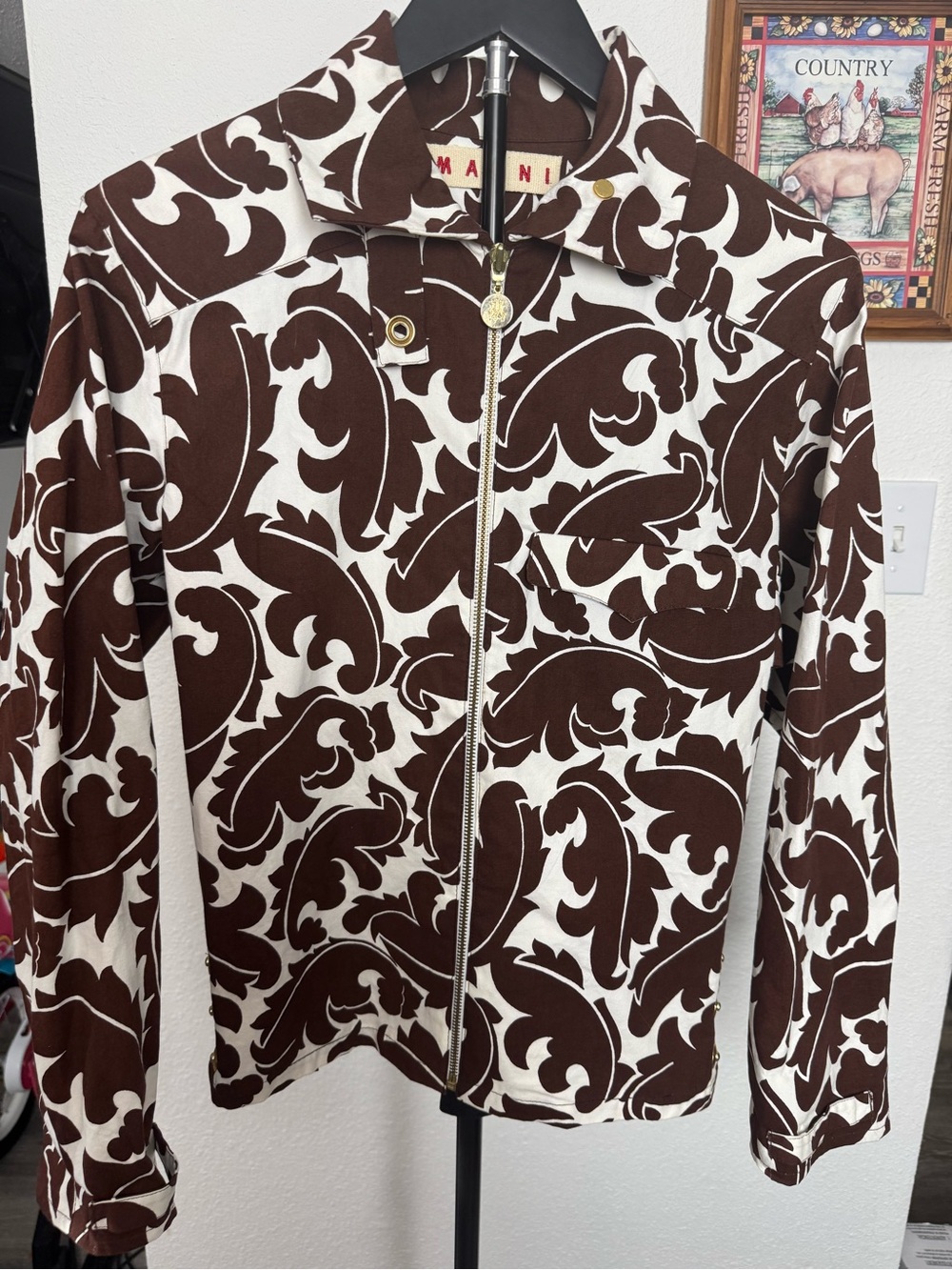 Marni White and Dark Brown Baroque-Print Cotton Zip Jacket size 44 or US Size 8